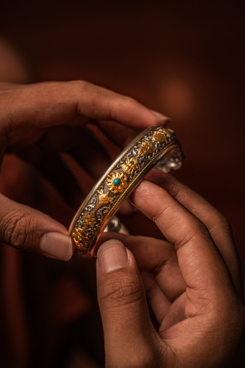 Ganesha Cuff Bangle | S925 Silver & 24K Gold | Handcrafted Tibetan Buddhist Bracelet