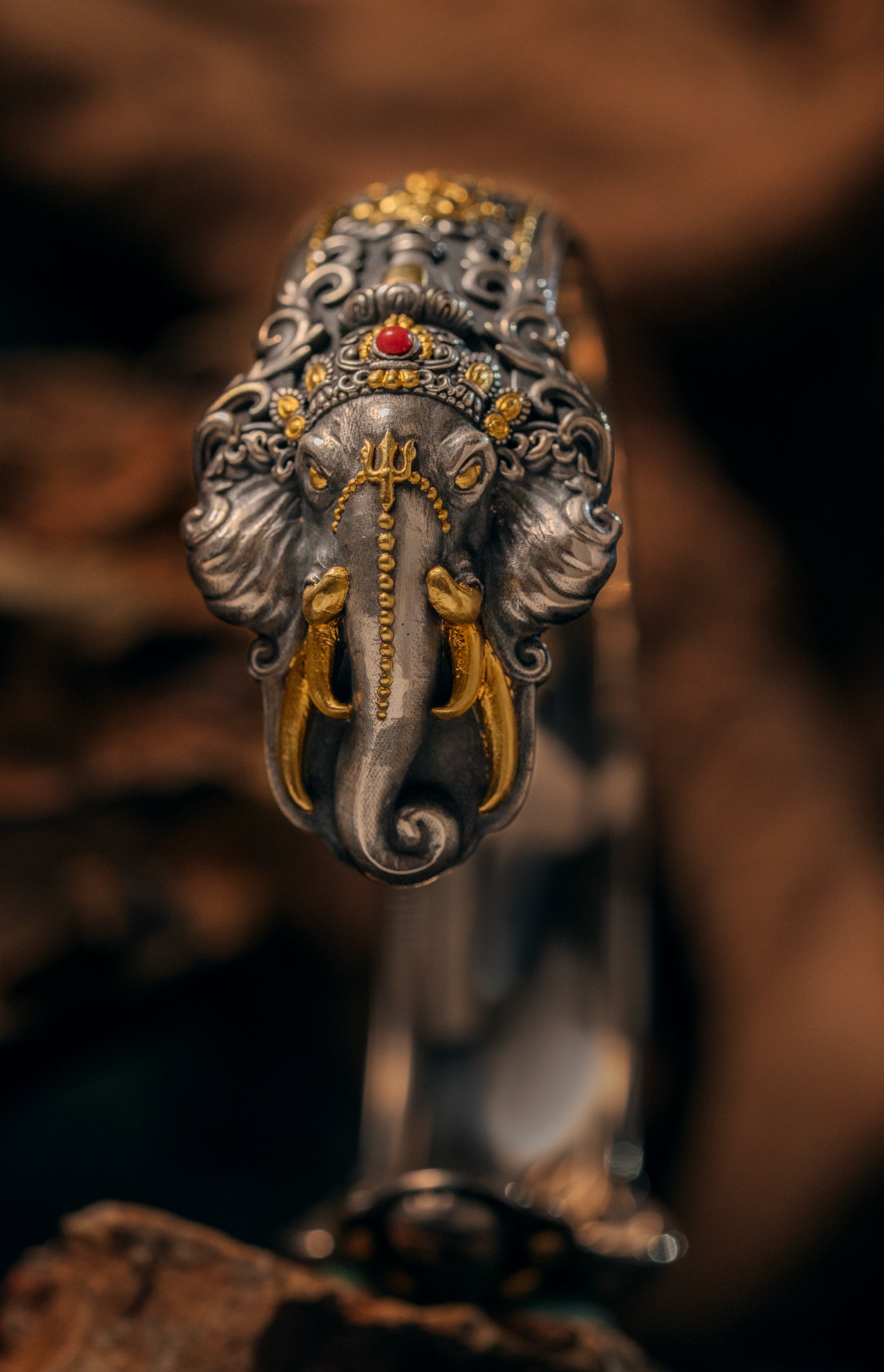 Ganesha Cuff Bangle | S925 Silver & 24K Gold | Handcrafted Tibetan Buddhist Bracelet