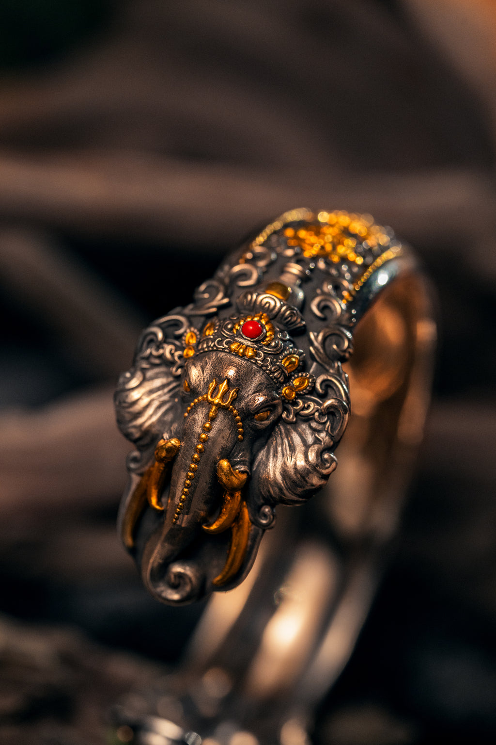 Ganesha Cuff Bangle | S925 Silver & 24K Gold | Handcrafted Tibetan Buddhist Bracelet