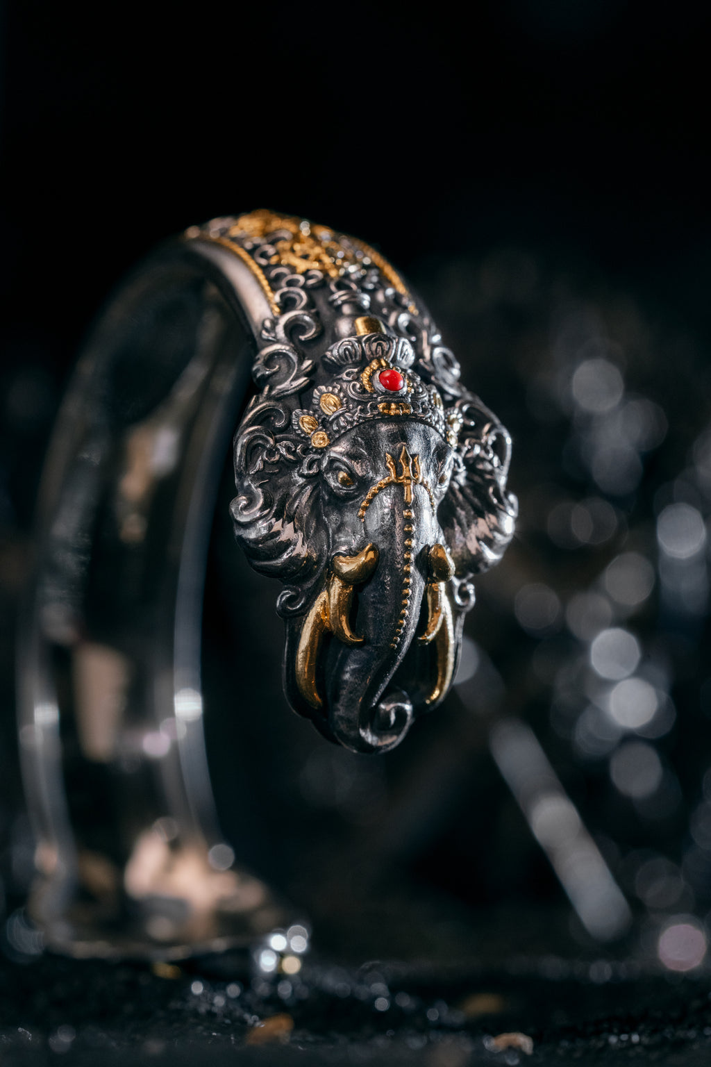 Ganesha Cuff Bangle | S925 Silver & 24K Gold | Handcrafted Tibetan Buddhist Bracelet