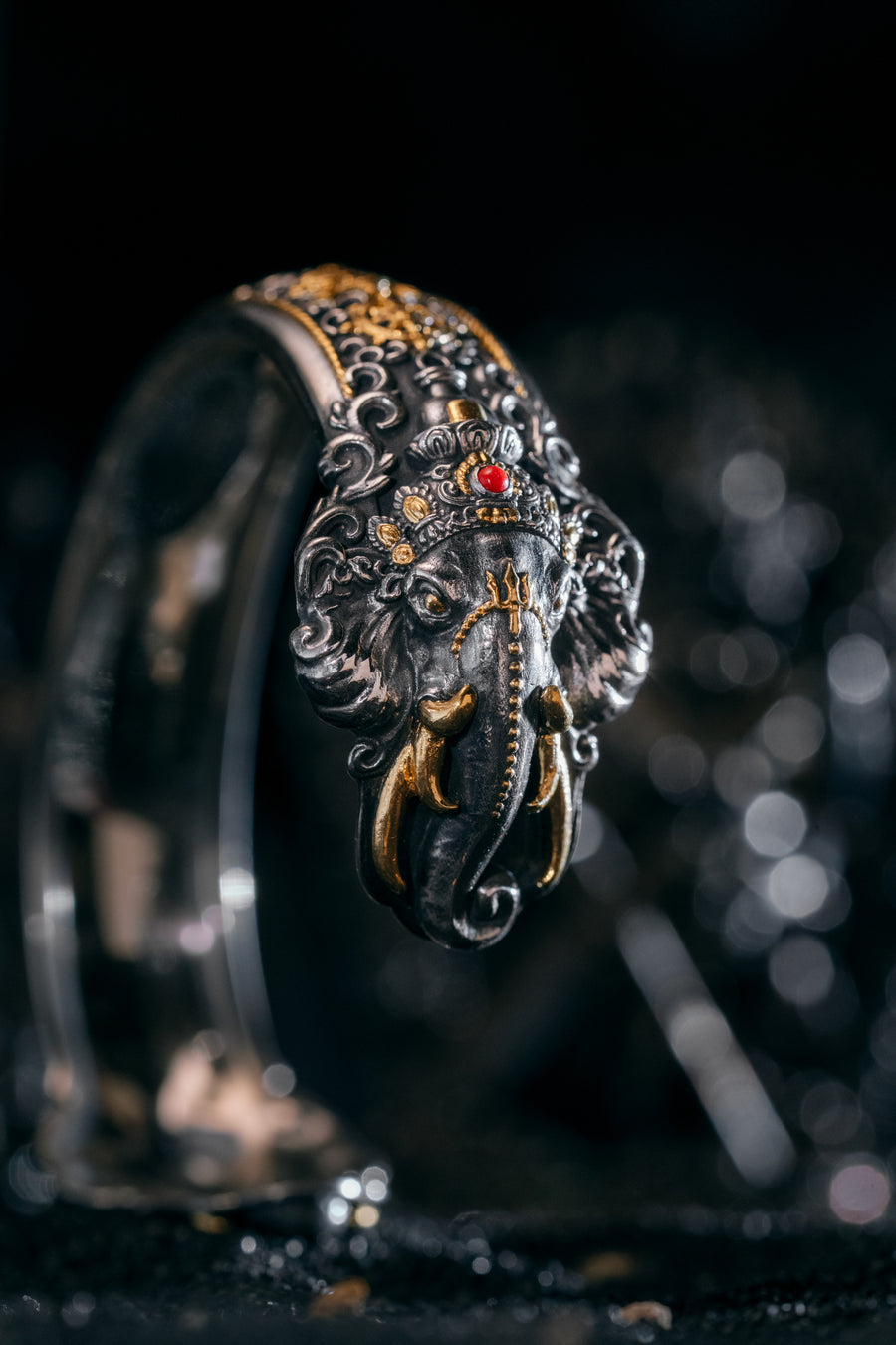 Six-Tusked Elephant God cuff bangle in sterling silver with fire-gilded 24K gold tusks