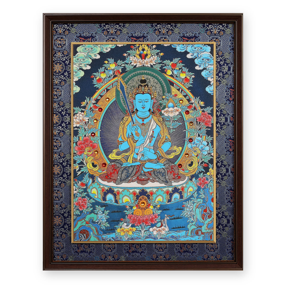 Akashagarbha bodhisattva thangka, blue with an upright sword, framed in Night Sky silk brocade, on a white background