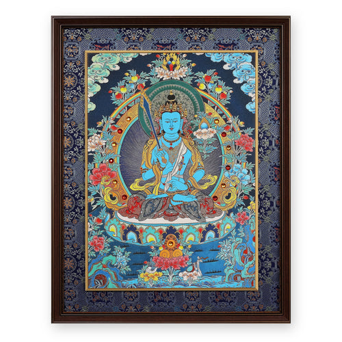 Akashagarbha bodhisattva thangka, blue with an upright sword, framed in Night Sky silk brocade, on a white background