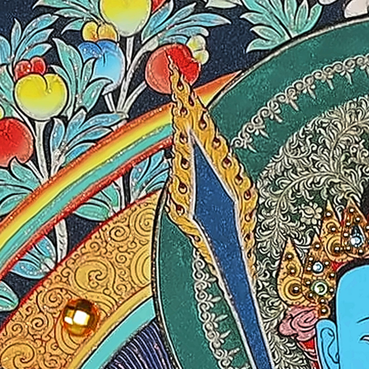 Akashagarbha thangka detail: upright sword at his shoulder