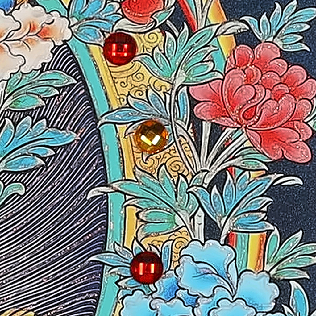 Akashagarbha thangka detail: peony and red crystals on the gold mandorla