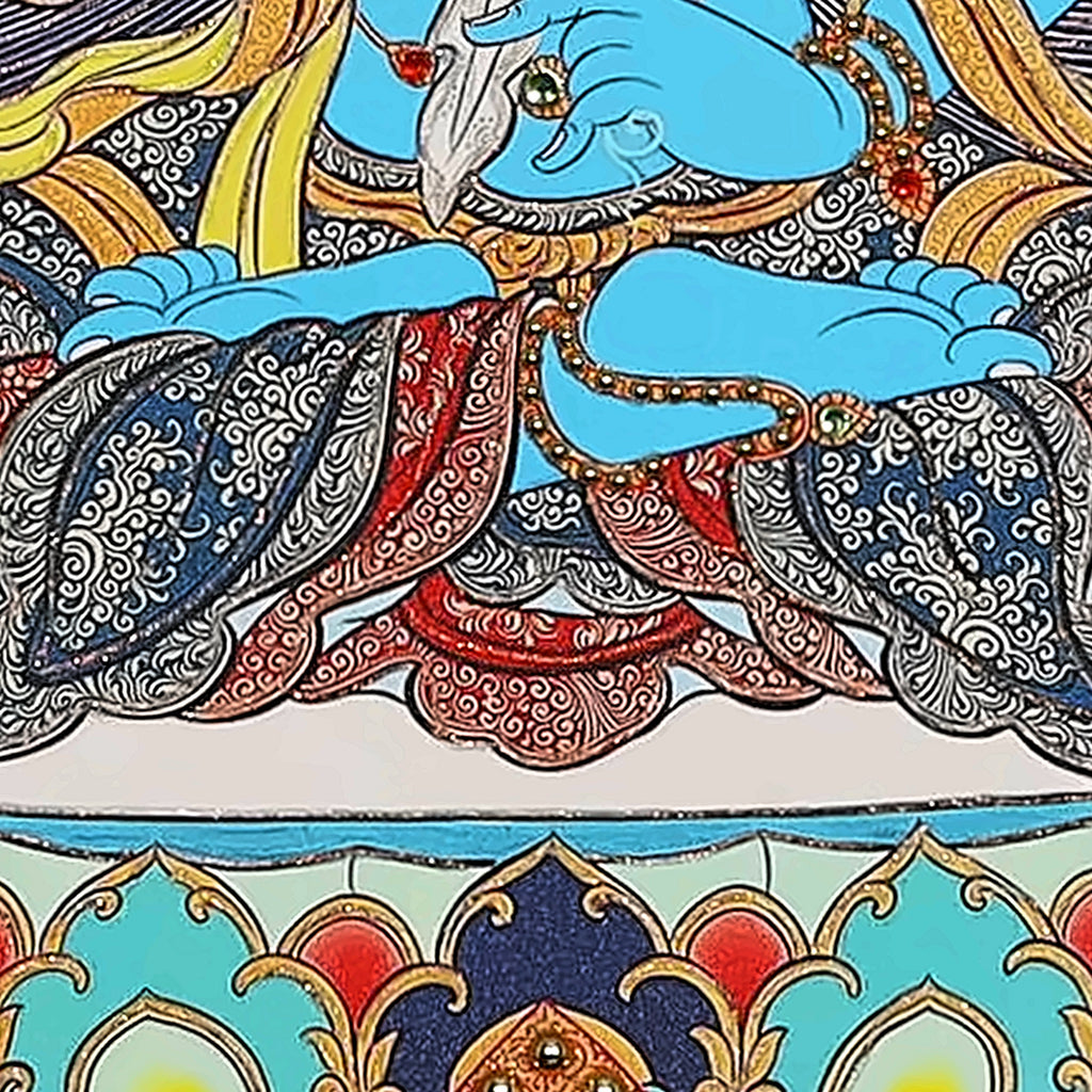 Akashagarbha thangka detail: lotus throne and folded robes