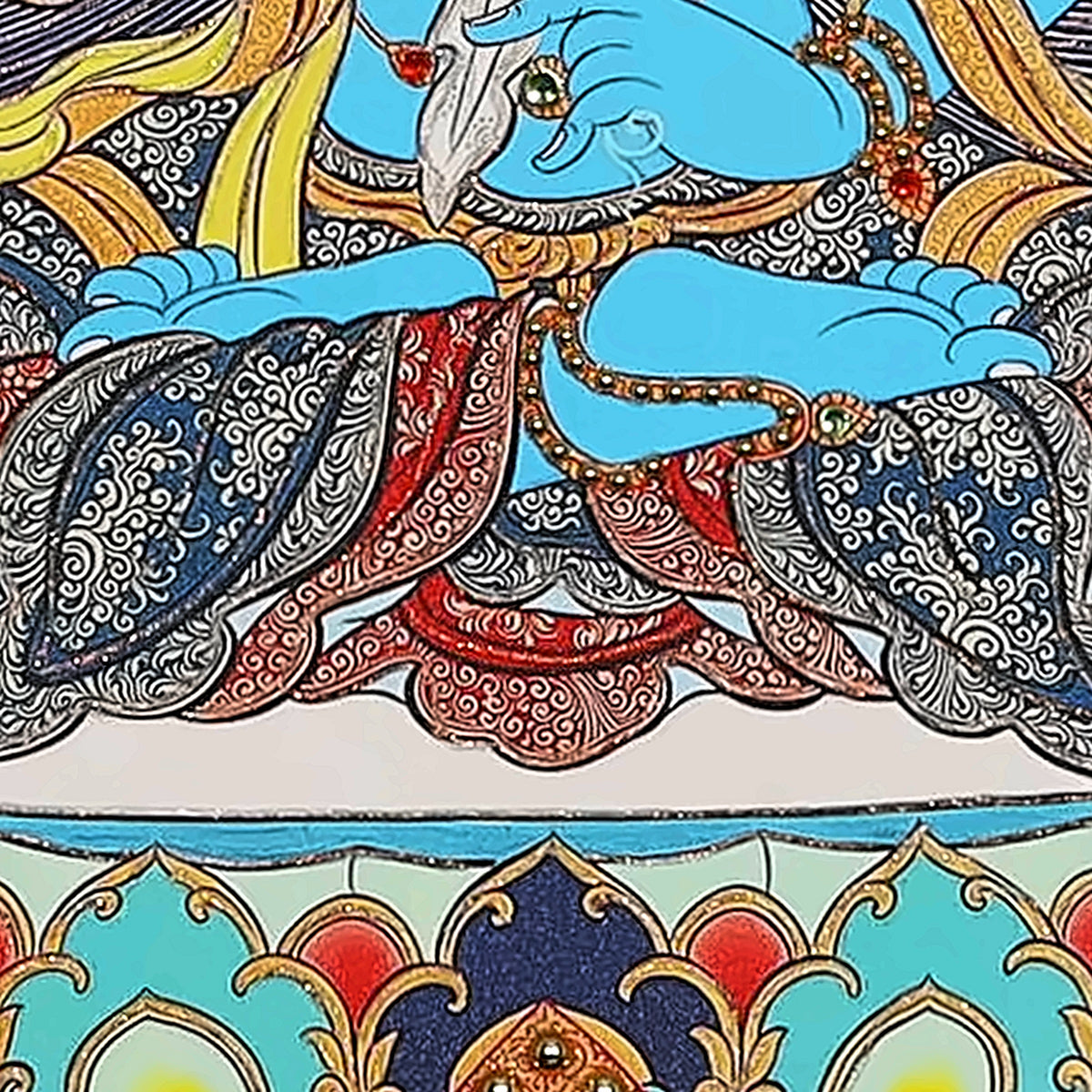Akashagarbha thangka detail: lotus throne and folded robes