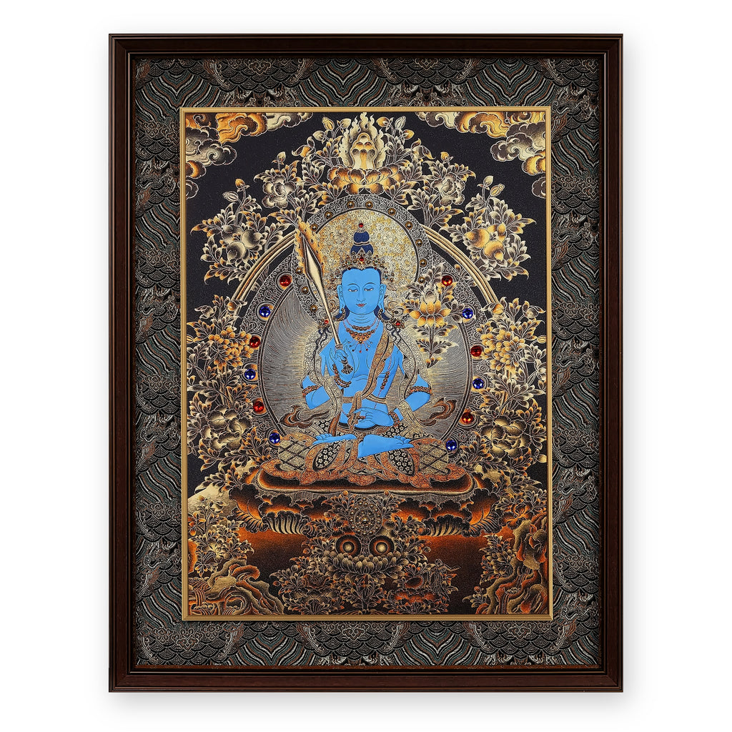 Akashagarbha black and gold thangka, blue with an upright sword, framed in Ink & Gold silk brocade, on a white background