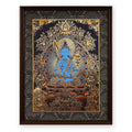 Akashagarbha black and gold thangka, blue with an upright sword, framed in Ink & Gold silk brocade, on a white background
