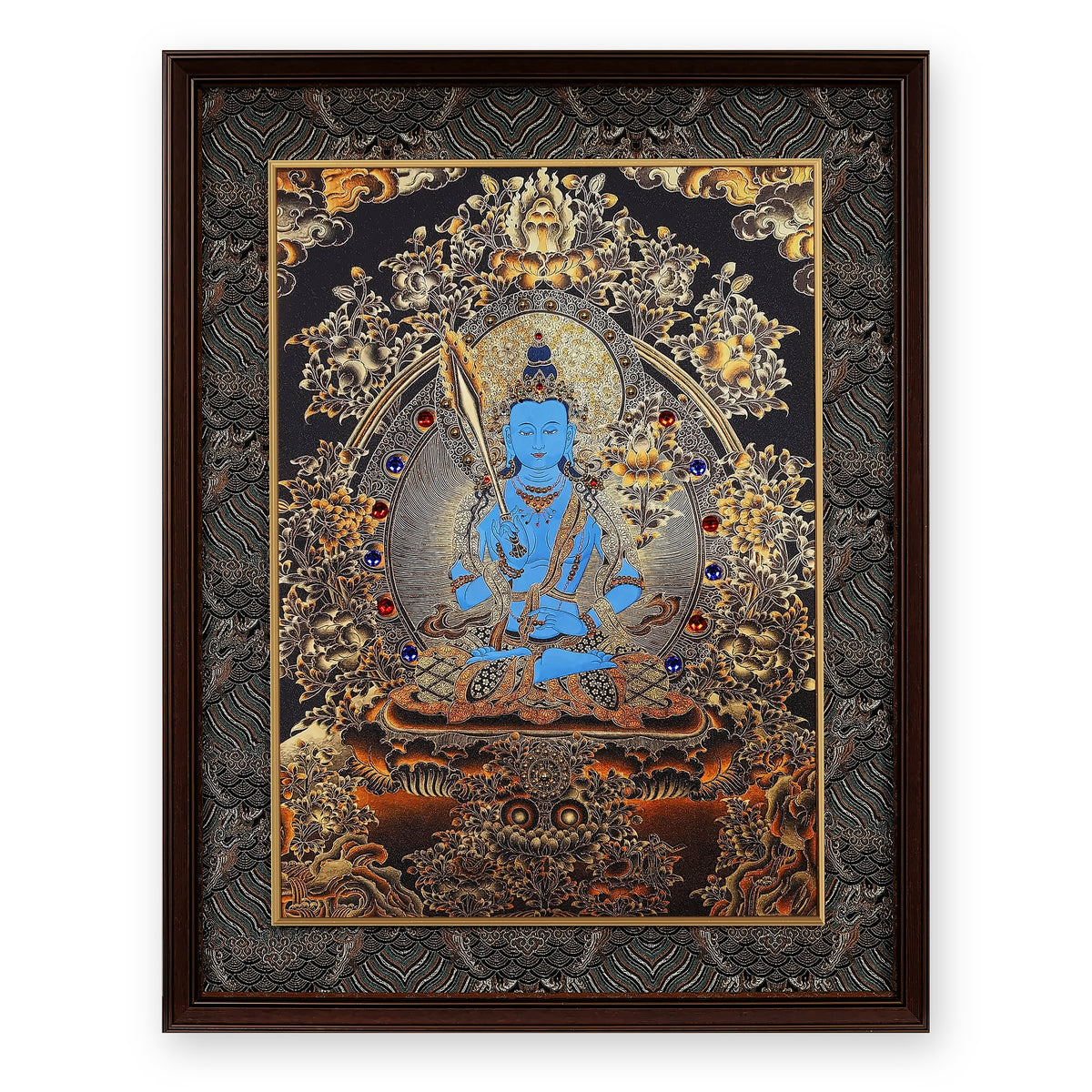 Akashagarbha black and gold thangka, blue with an upright sword, framed in Ink & Gold silk brocade, on a white background