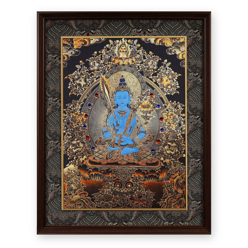 Akashagarbha black and gold thangka, blue with an upright sword, framed in Ink & Gold silk brocade, on a white background
