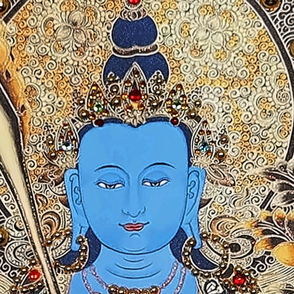 Akashagarbha thangka detail: blue face under a crown set with crystals