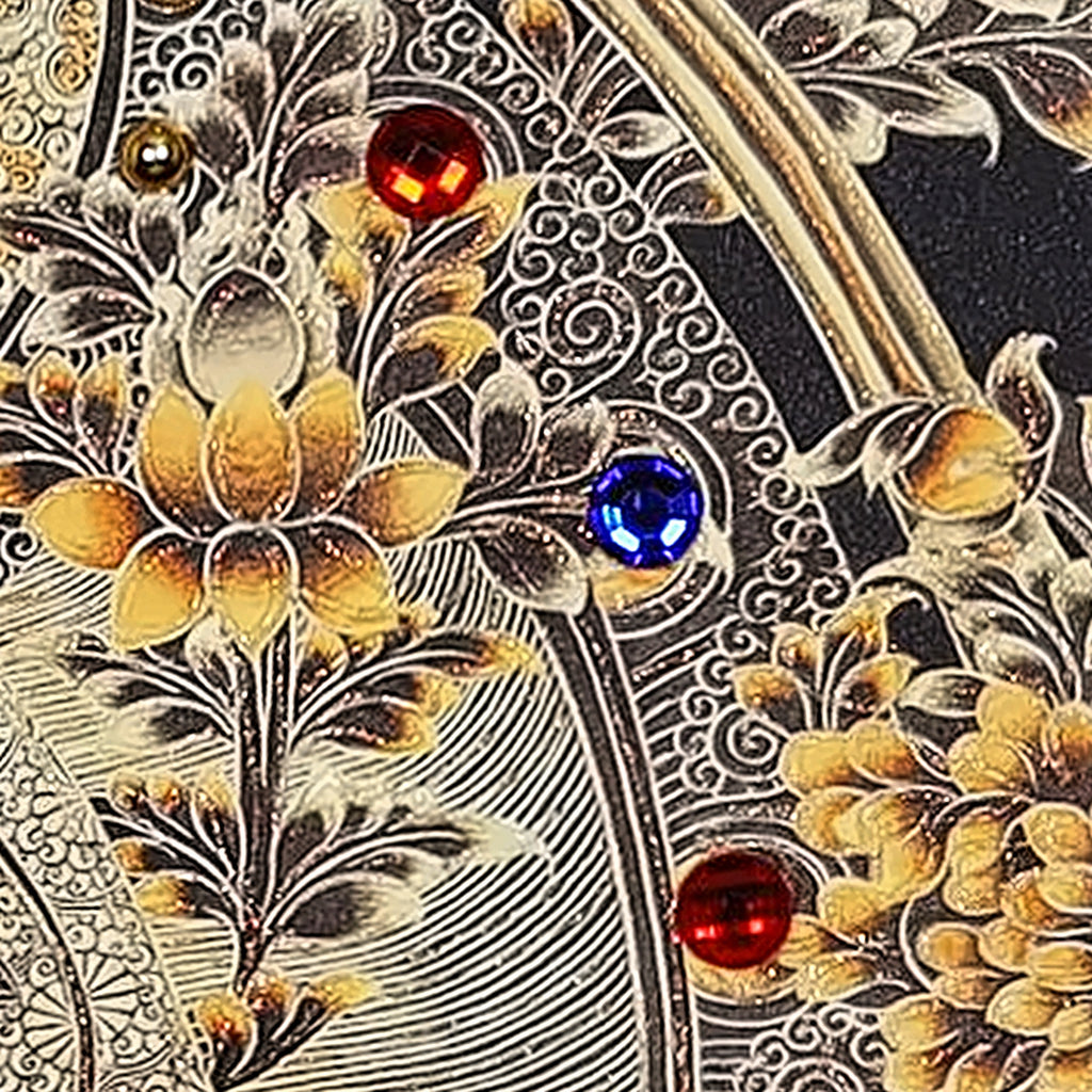 Akashagarbha thangka detail: lotus and red and blue crystals on the mandorla
