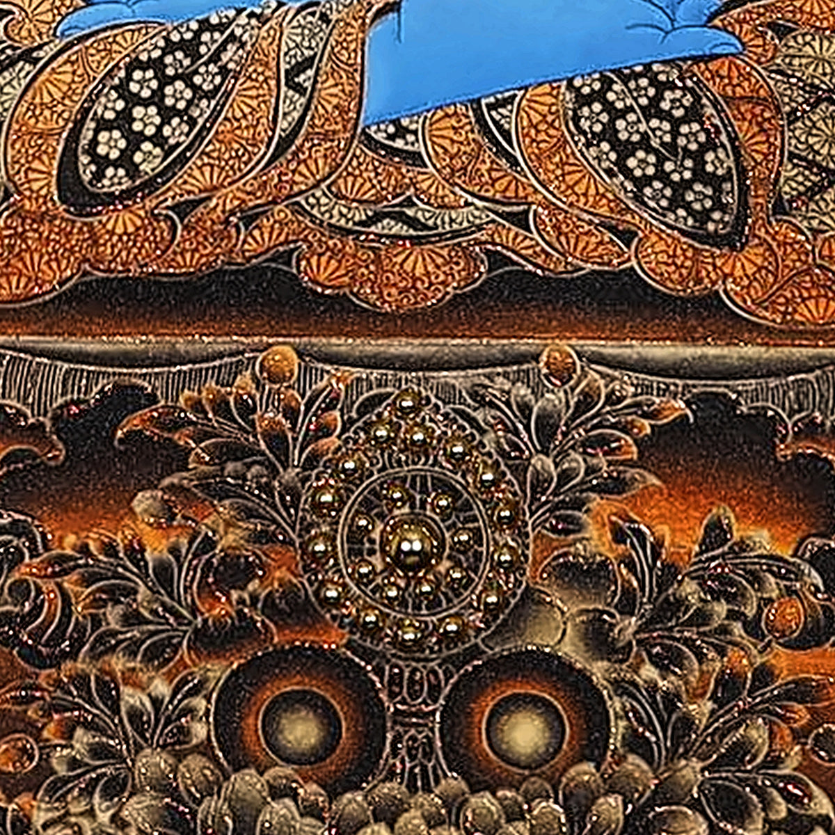 Akashagarbha thangka detail: hand resting on his lap above the lotus seat