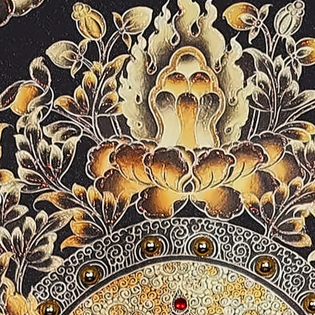 Akashagarbha thangka detail: flaming jewel on a lotus at the top