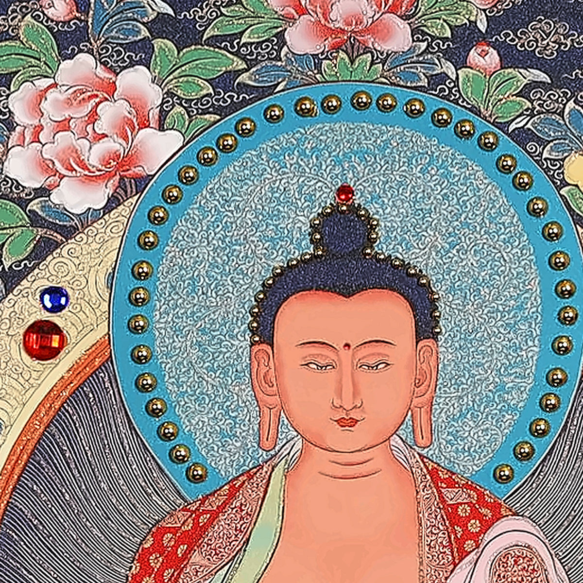 Amitabha thangka detail: face and turquoise halo edged with gold beads