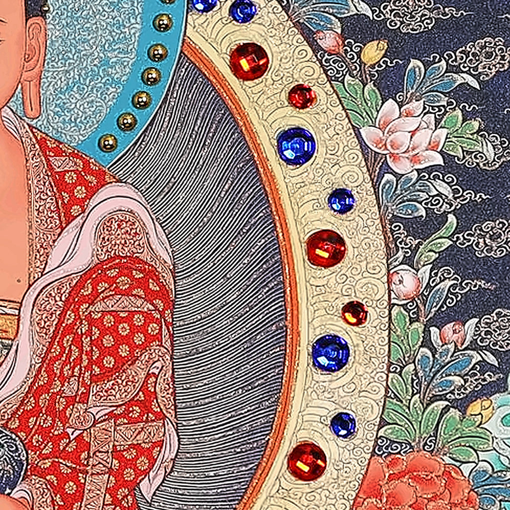 Amitabha thangka detail: red and blue glass crystals set by hand along the mandorla
