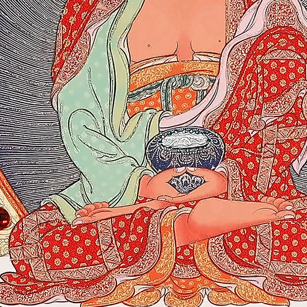 Amitabha thangka detail: hands in meditation holding the alms bowl