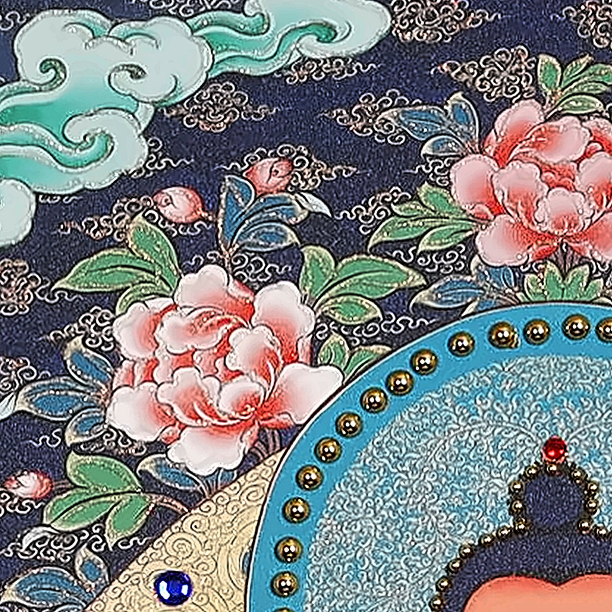 Amitabha thangka detail: peonies and clouds above the halo