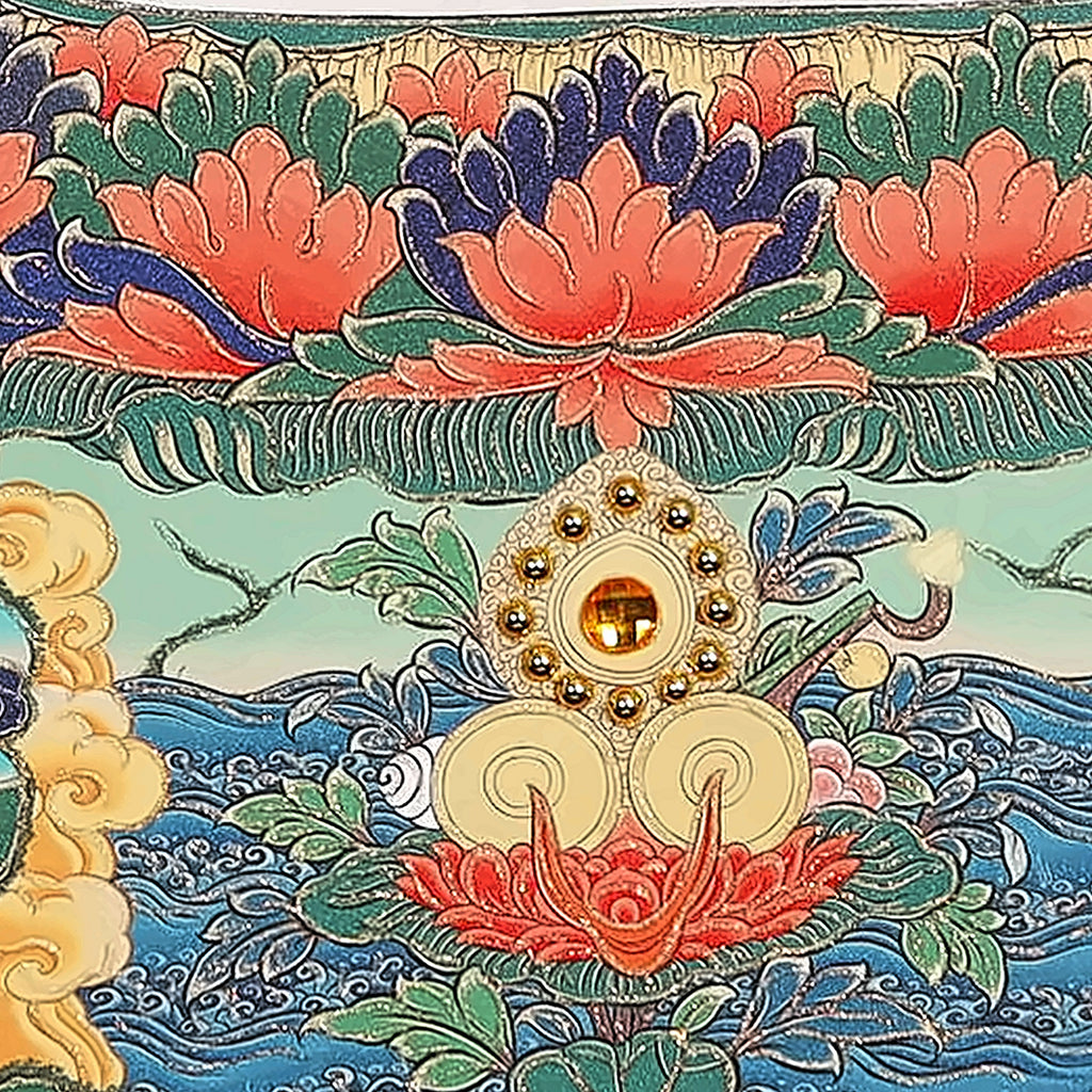 Amitabha thangka detail: lotus pond and jewel offering ringed in gold beads