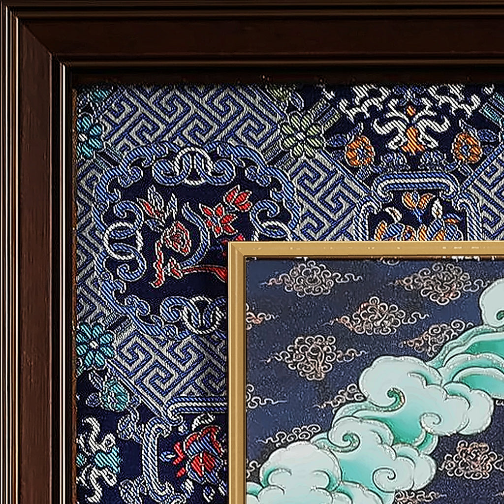 Amitabha thangka detail: corner of the indigo silk brocade frame-within-a-frame