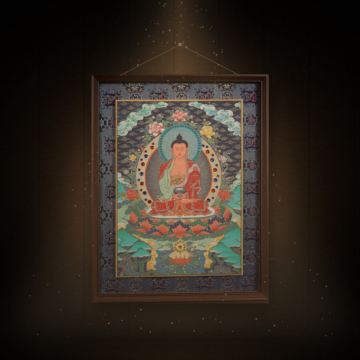 Amitabha Buddha thangka hanging in a quiet room under warm light