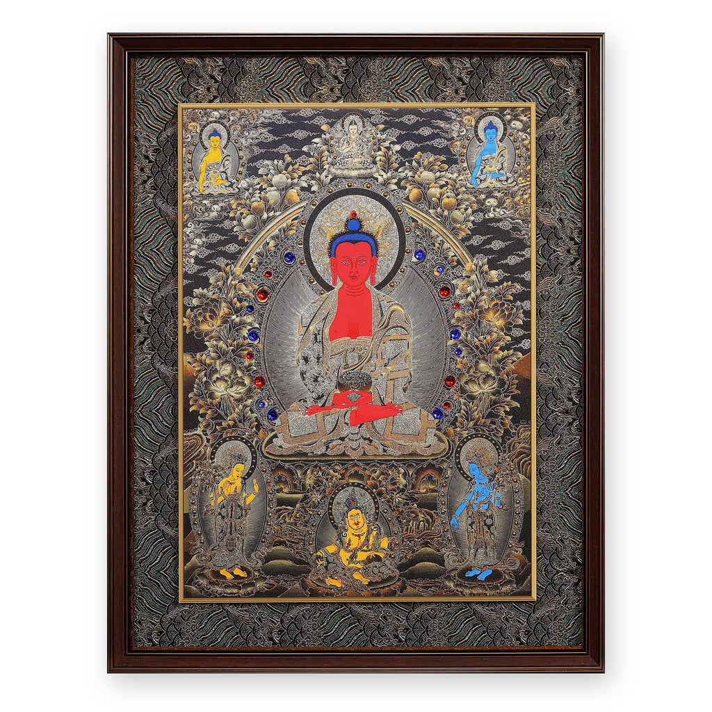 Amitabha Buddha thangka with Shakyamuni, Tsongkhapa and the Medicine Buddha above, two Naginis and Yellow Jambhala below, framed in Ink & Gold silk brocade, on a white background