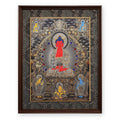 Amitabha Buddha thangka with Shakyamuni, Tsongkhapa and the Medicine Buddha above, two Naginis and Yellow Jambhala below, framed in Ink & Gold silk brocade, on a white background