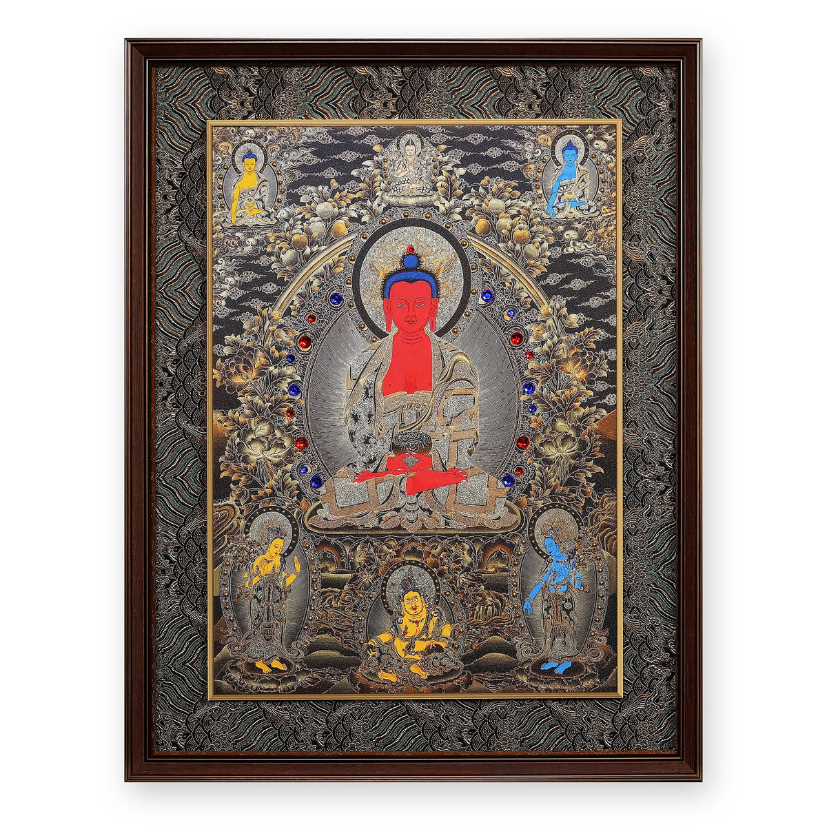 Amitabha Buddha thangka with Shakyamuni, Tsongkhapa and the Medicine Buddha above, two Naginis and Yellow Jambhala below, framed in Ink & Gold silk brocade, on a white background