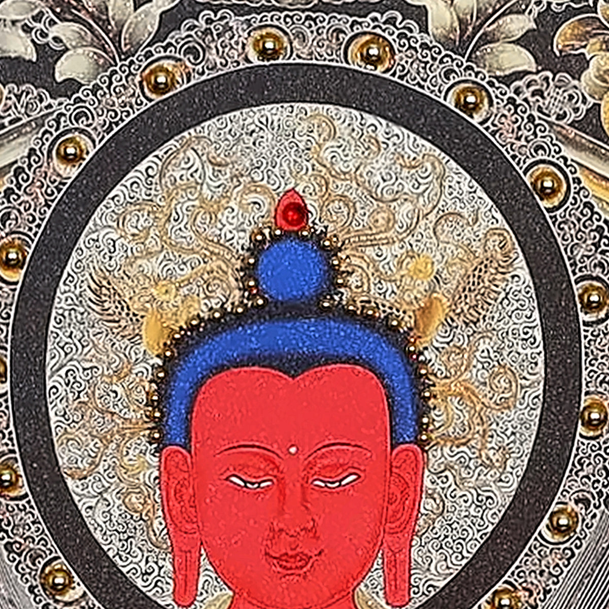 Amitabha thangka detail: red face, blue hair and halo drawn in silver and gold line