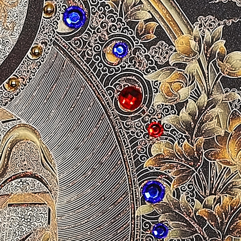 Amitabha thangka detail: red and blue glass crystals set by hand along the mandorla