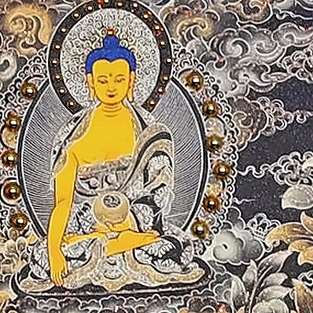 Amitabha thangka detail: Shakyamuni Buddha, golden, touching the earth, at the top left of the painting