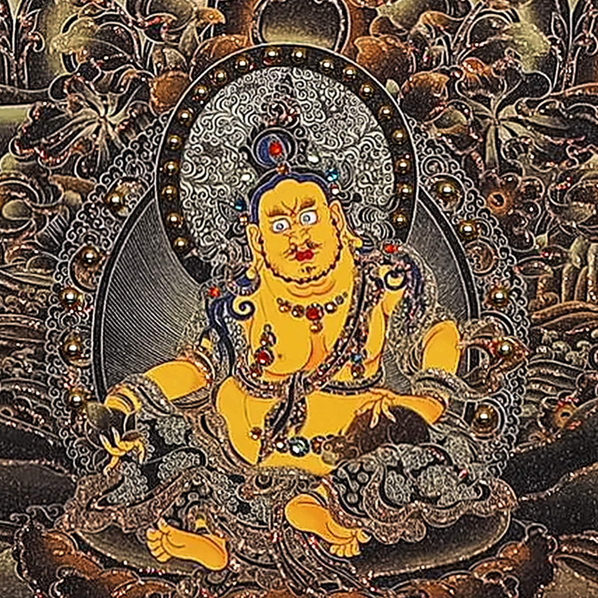 Amitabha thangka detail: Yellow Jambhala, deity of wealth, below the main throne