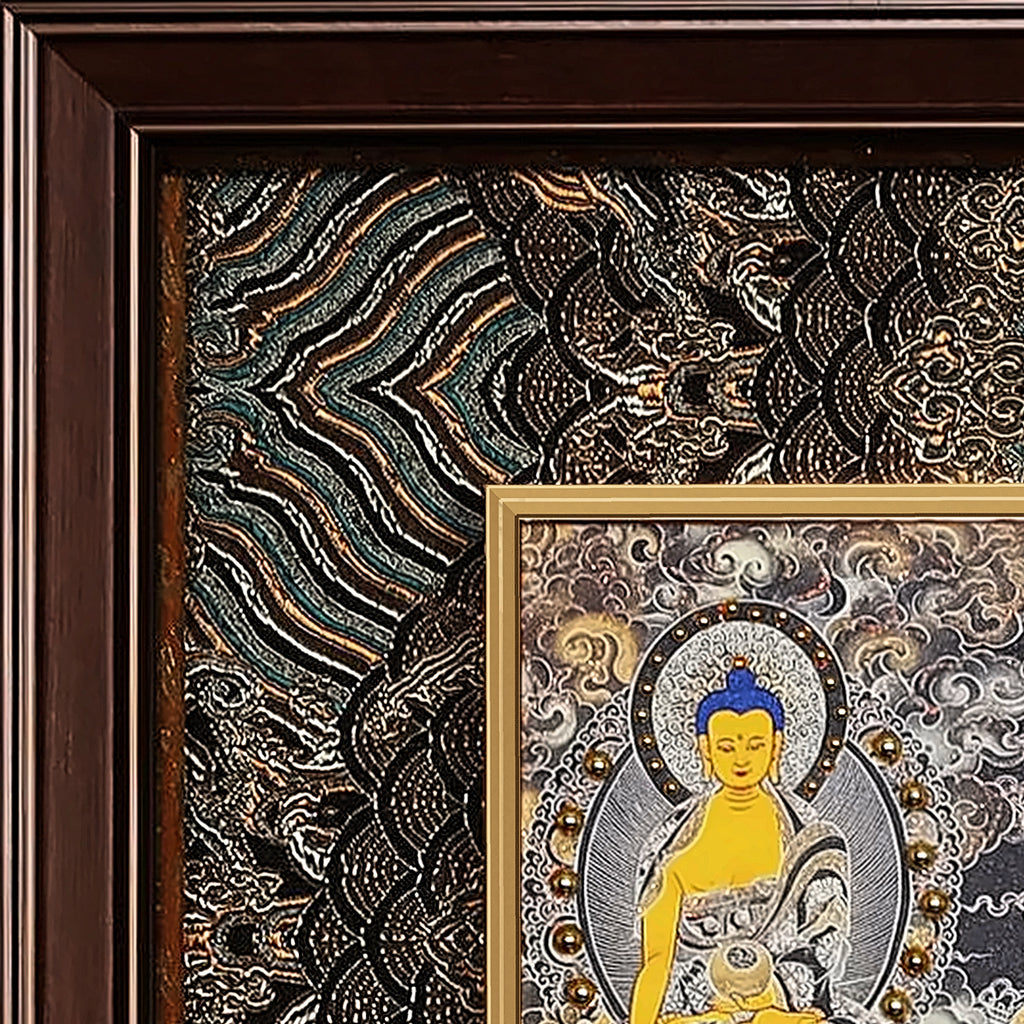 Amitabha thangka detail: corner of the black and gold silk brocade frame-within-a-frame