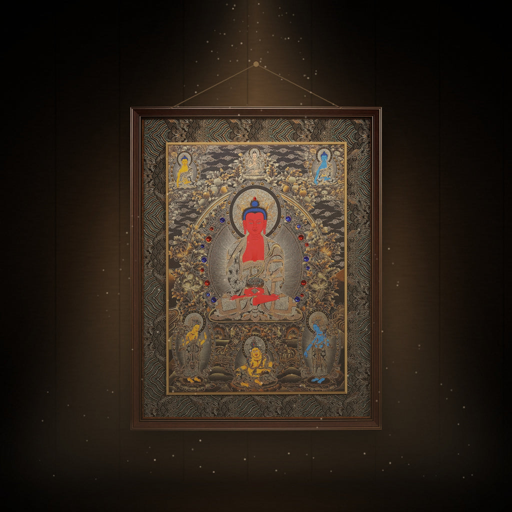 Amitabha thangka with Shakyamuni, Tsongkhapa, Medicine Buddha and Jambhala hanging in a room under warm light