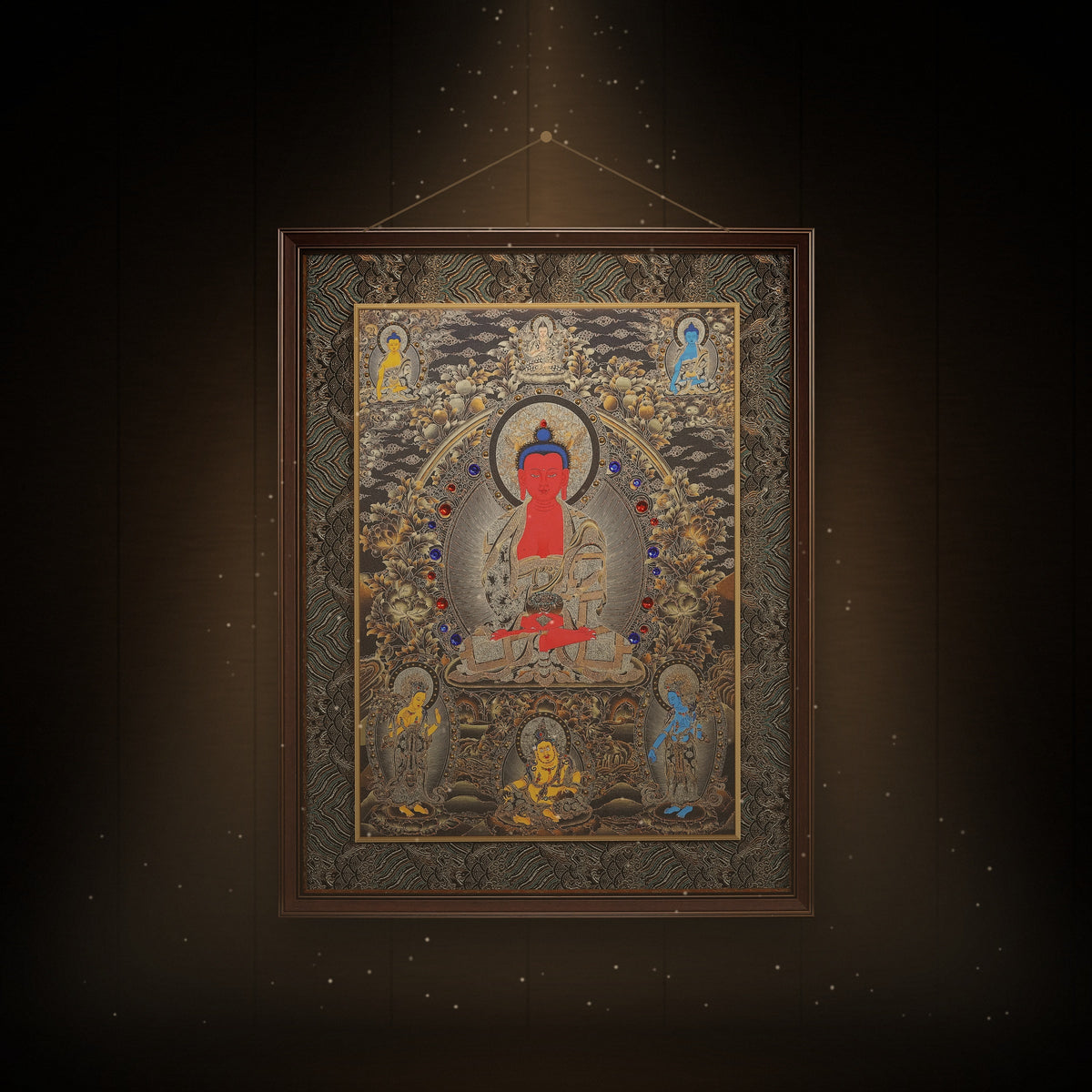 Amitabha thangka with Shakyamuni, Tsongkhapa, Medicine Buddha and Jambhala hanging in a room under warm light