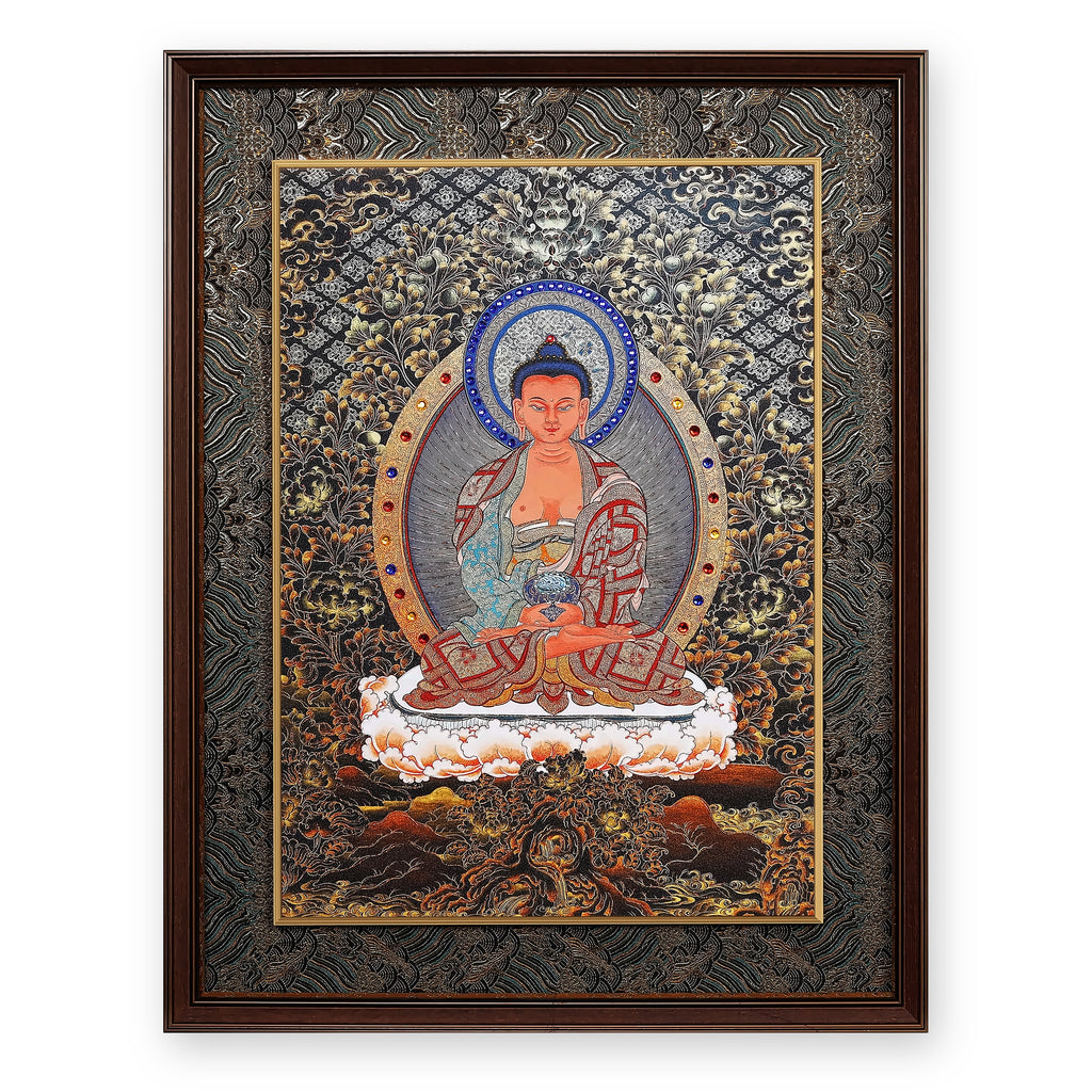 Amitabha Buddha black and gold thangka with blue crystal halo, framed in Ink & Gold silk brocade, on a white background