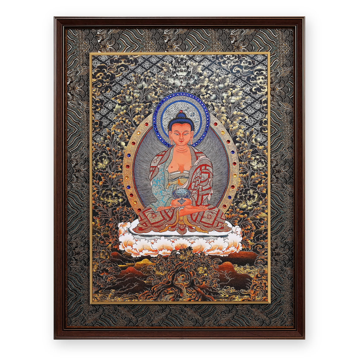 Amitabha Buddha black and gold thangka with blue crystal halo, framed in Ink & Gold silk brocade, on a white background