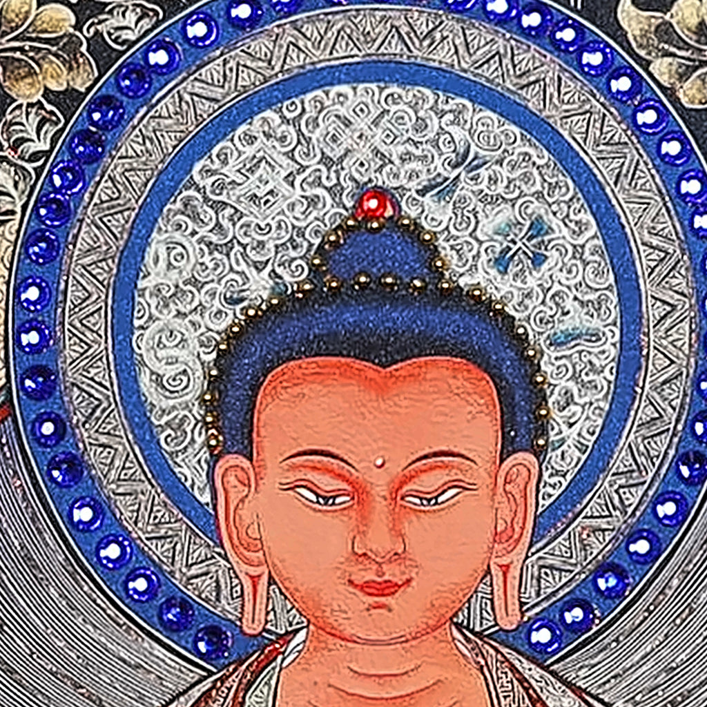Amitabha thangka detail: face within a halo of blue glass crystals set by hand
