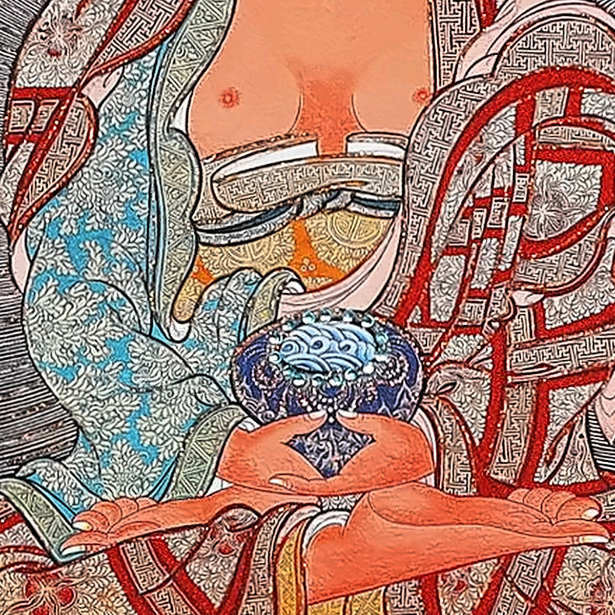 Amitabha thangka detail: hands in meditation mudra holding a blue and white alms bowl