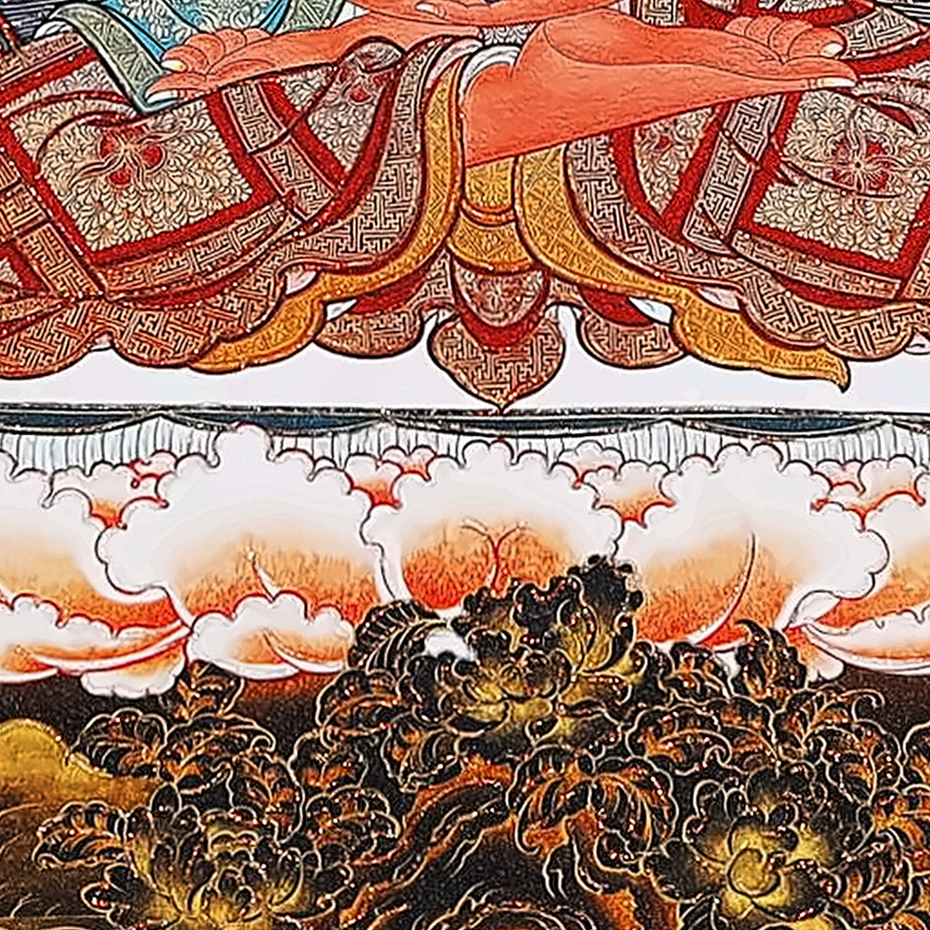 Amitabha thangka detail: patched red robe above the white cloud seat
