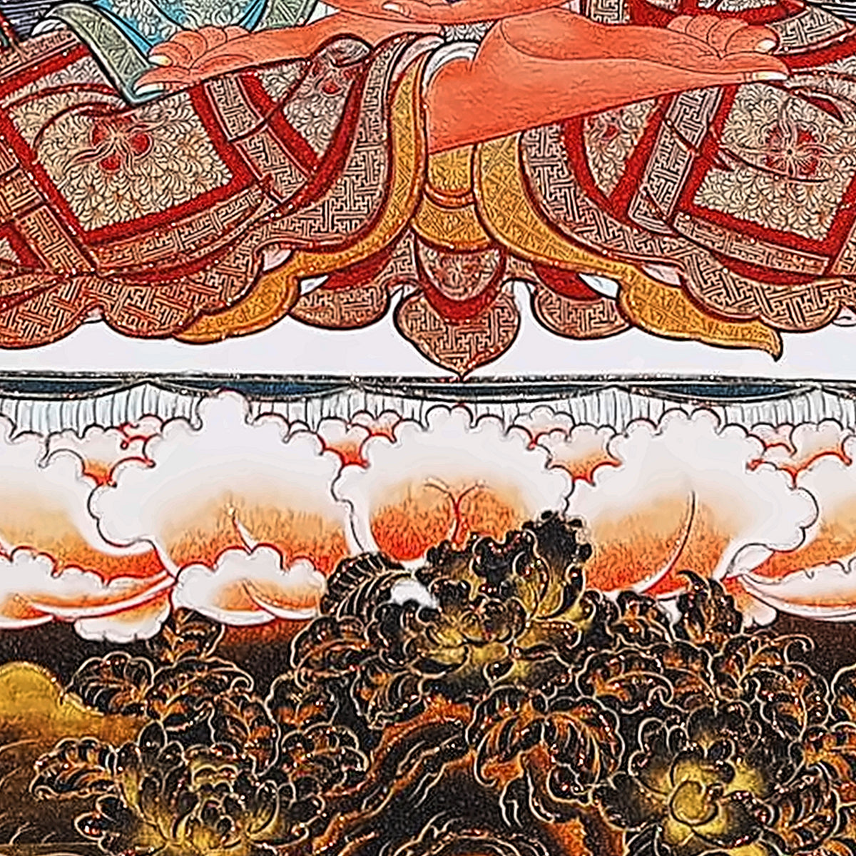 Amitabha thangka detail: patched red robe above the white cloud seat