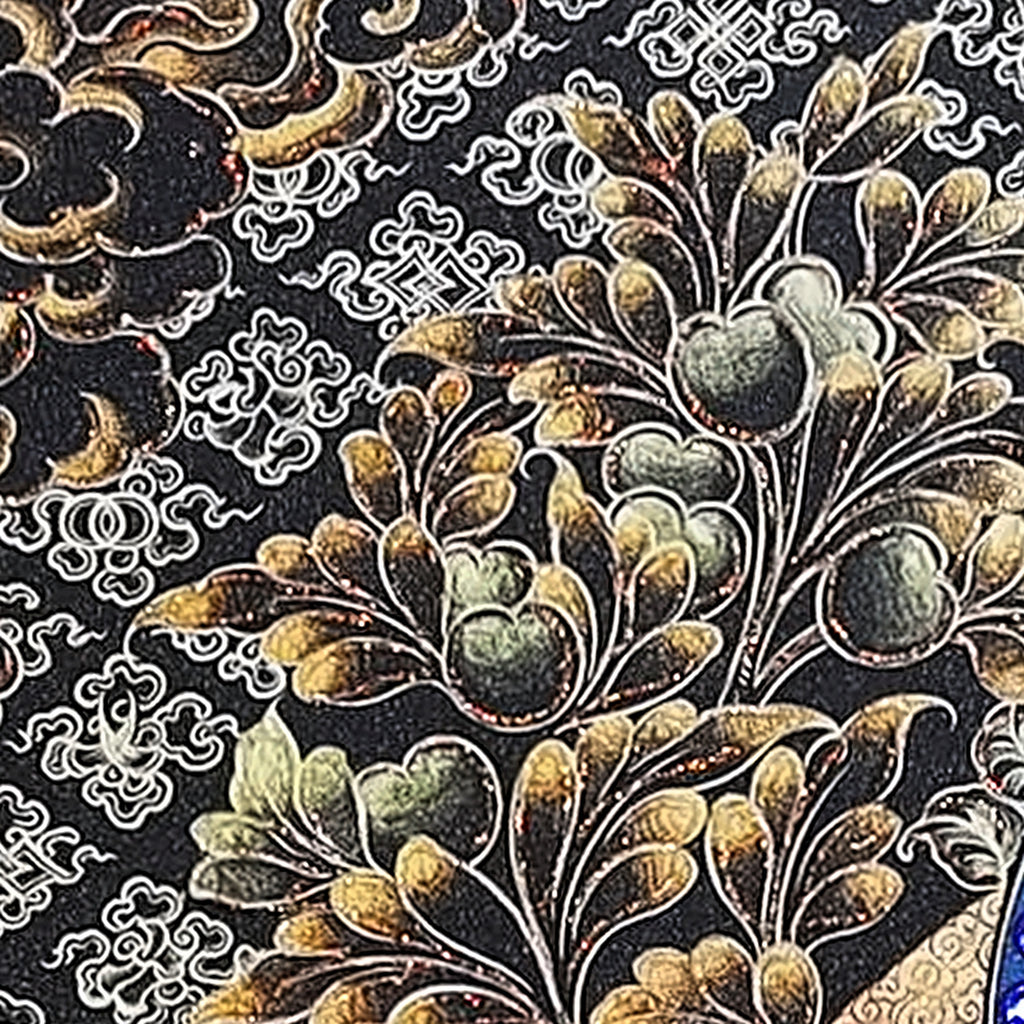 Amitabha thangka detail: gold peonies and foliage on a black lattice ground