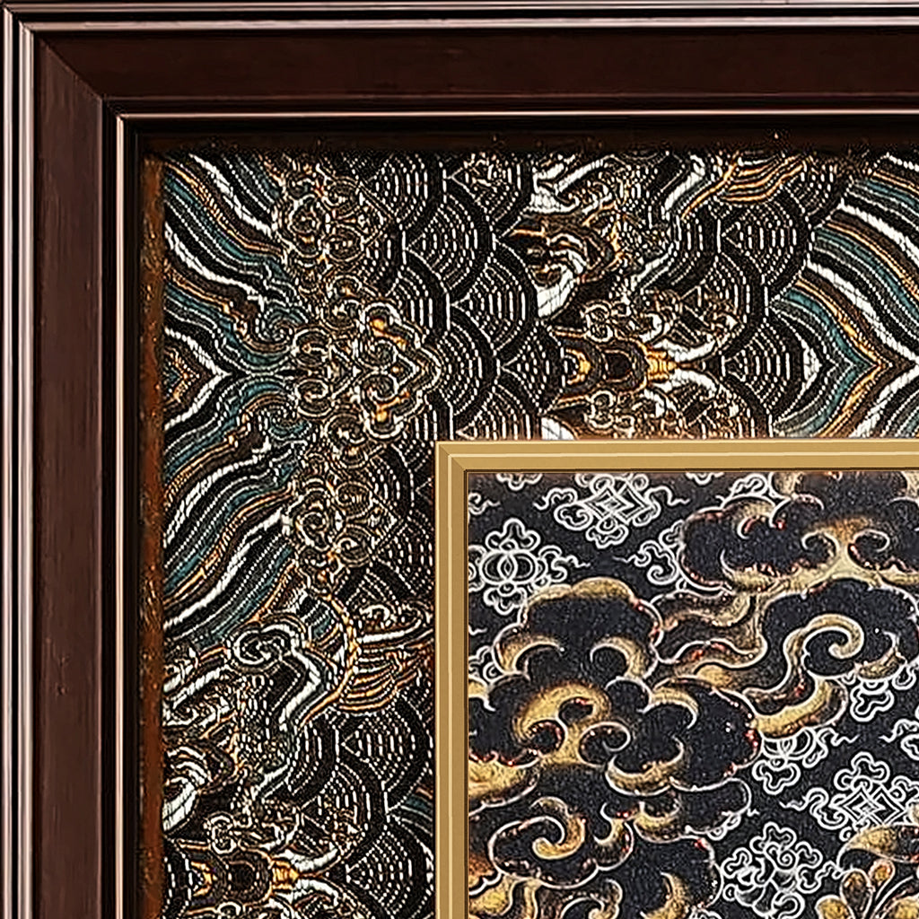 Amitabha thangka detail: corner of the black and gold silk brocade frame-within-a-frame