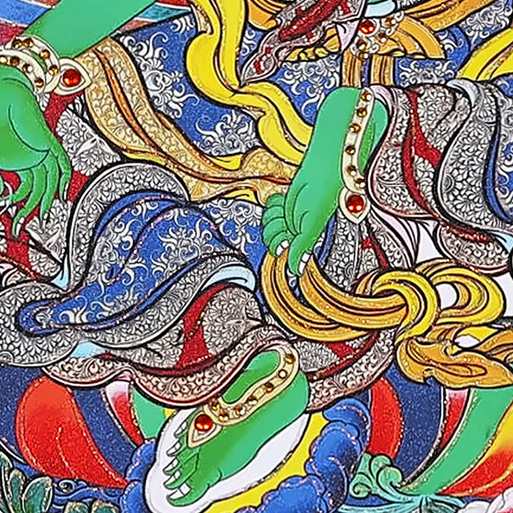 Green Tara thangka detail: right foot resting on a small lotus