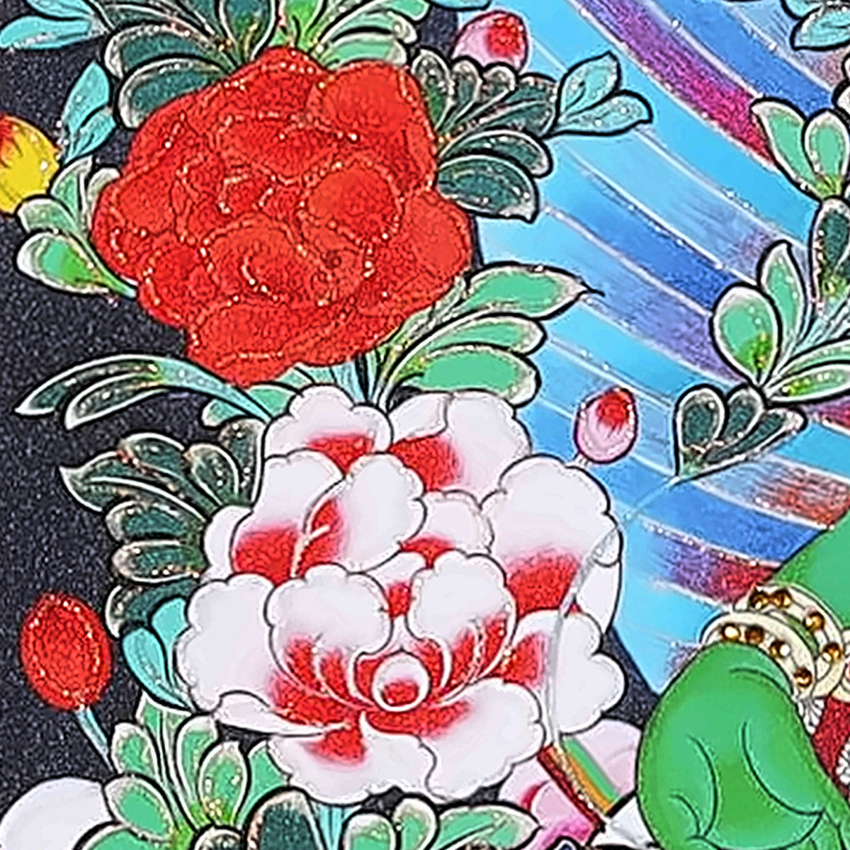 Green Tara thangka detail: red and white peonies
