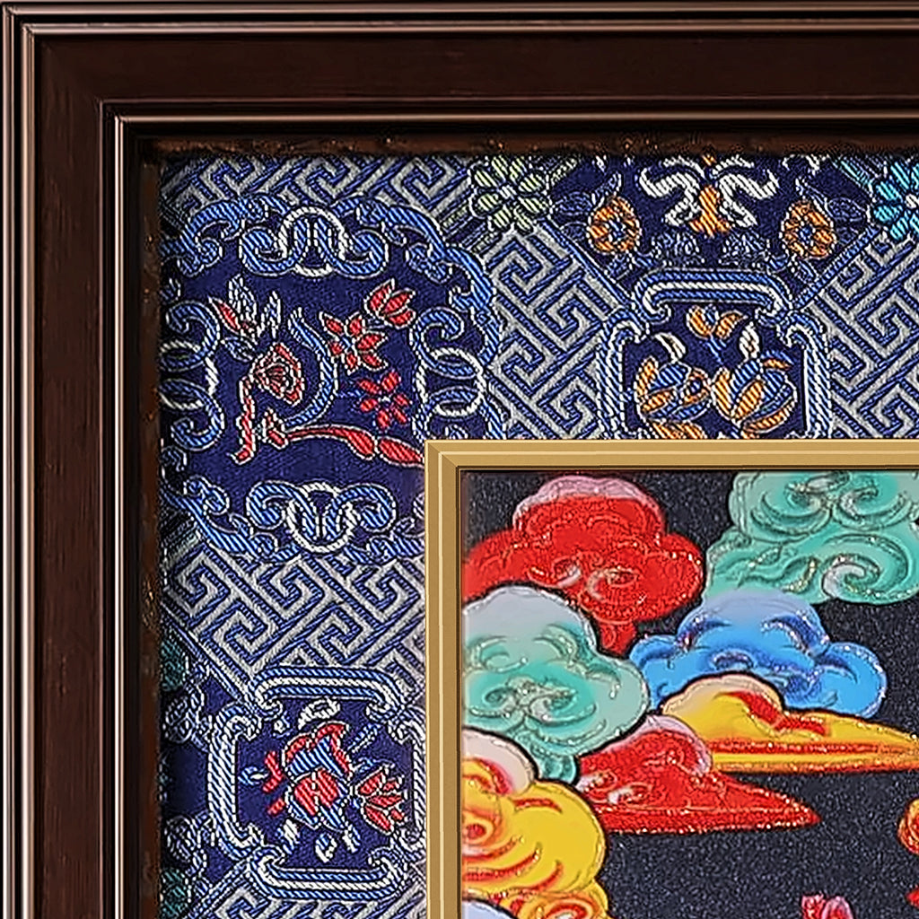 Green Tara thangka detail: corner of the blue silk brocade frame-within-a-frame