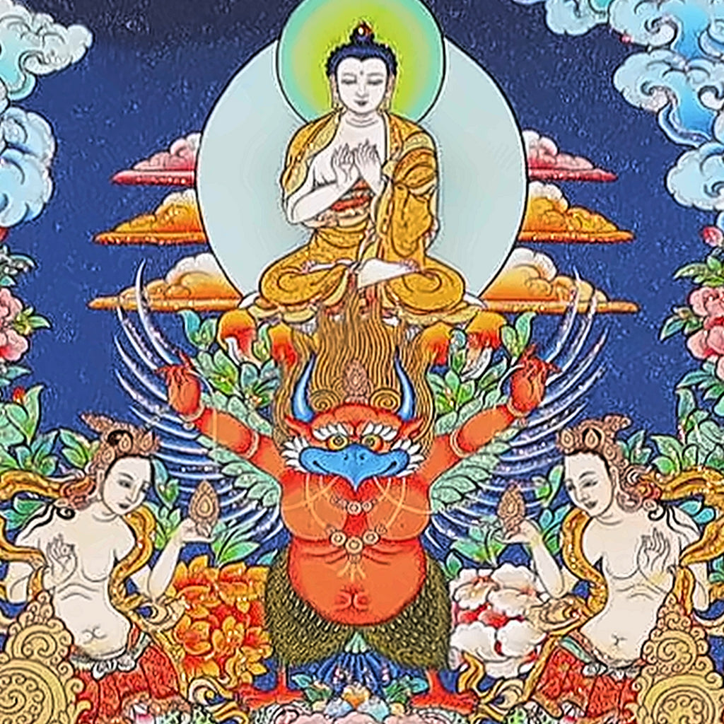 Green Tara thangka detail: white Buddha above Garuda and two naga maidens at the top of the throne back