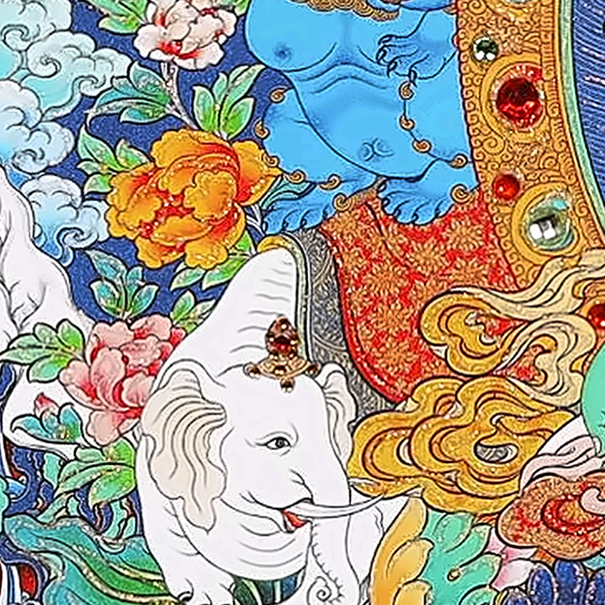 Green Tara thangka detail: white elephant at the base of the throne back among peonies