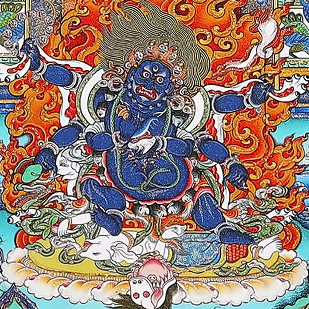 Green Tara thangka detail: Six-Armed Mahakala, dark blue, amid flames below the throne